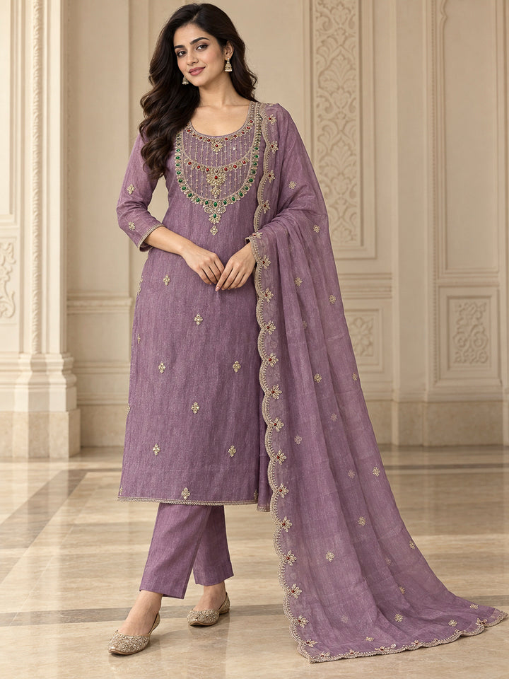 Purple Organza Embroidered Unstitched Dress Material