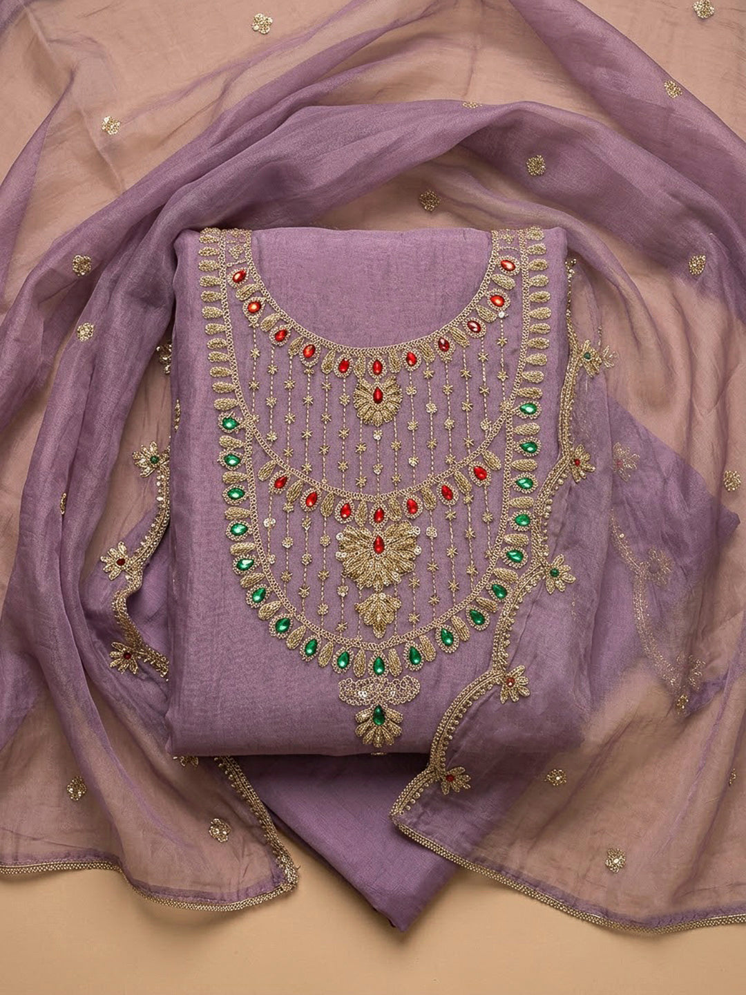 Purple Organza Embroidered Unstitched Dress Material