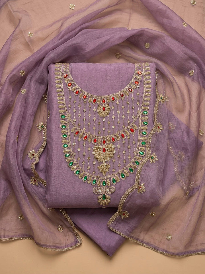 Purple Organza Embroidered Unstitched Dress Material