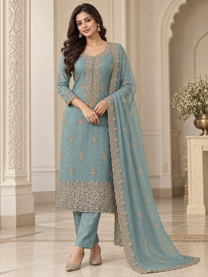 Blue Lt Organza Embroidered Unstitched Dress Material