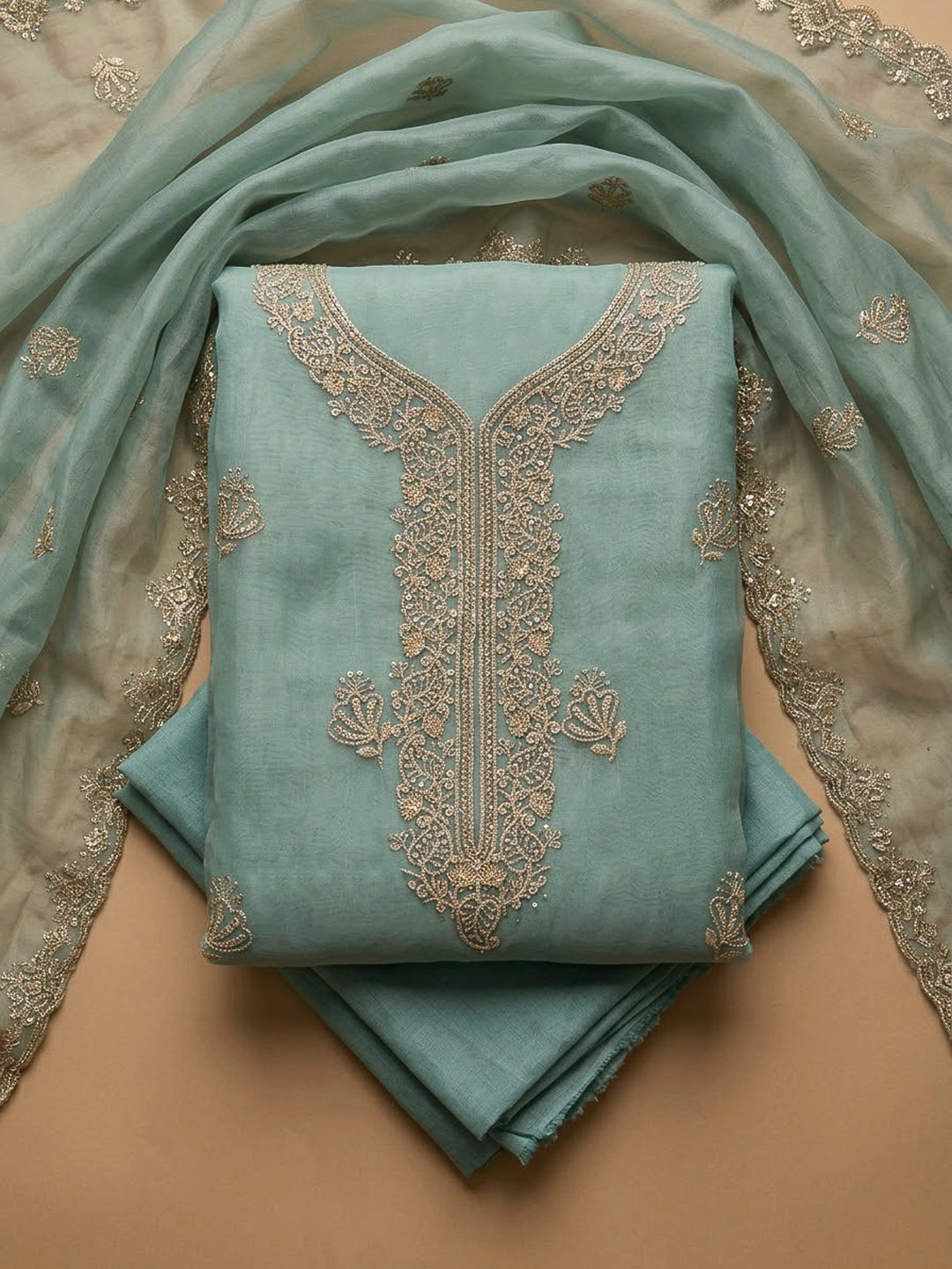 Blue Lt Organza Embroidered Unstitched Dress Material