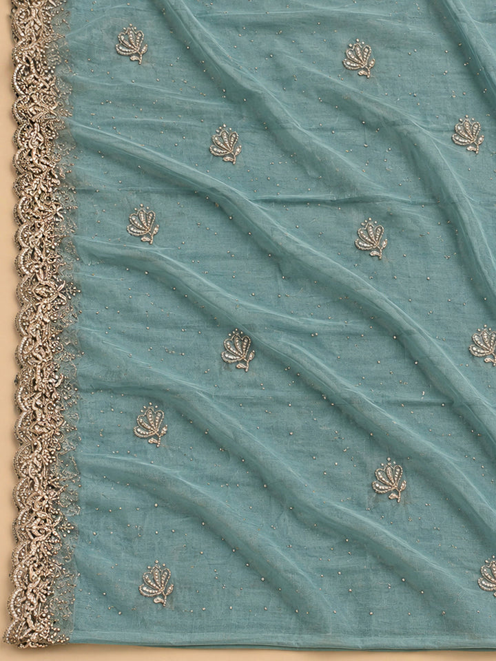 Blue Lt Organza Embroidered Unstitched Dress Material