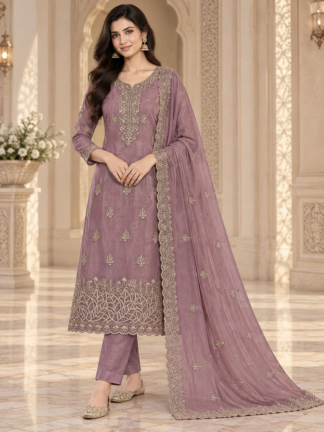 Lavender Organza Embroidered Unstitched Dress Material
