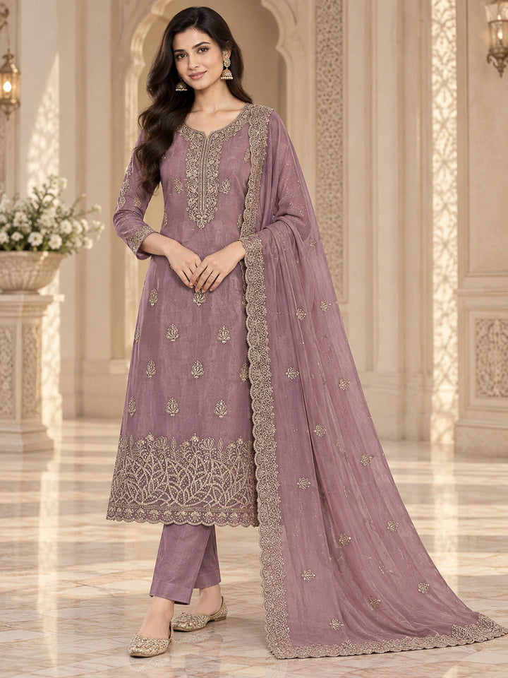 Lavender Organza Embroidered Unstitched Dress Material