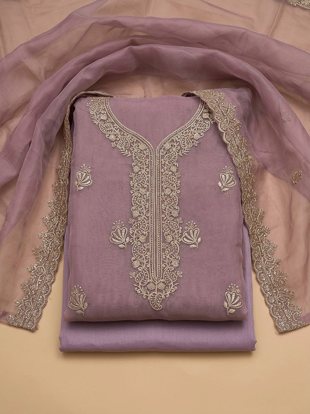Lavender Organza Embroidered Unstitched Dress Material