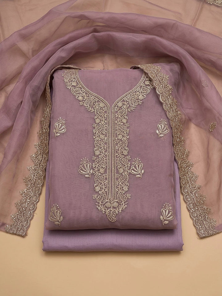 Lavender Organza Embroidered Unstitched Dress Material