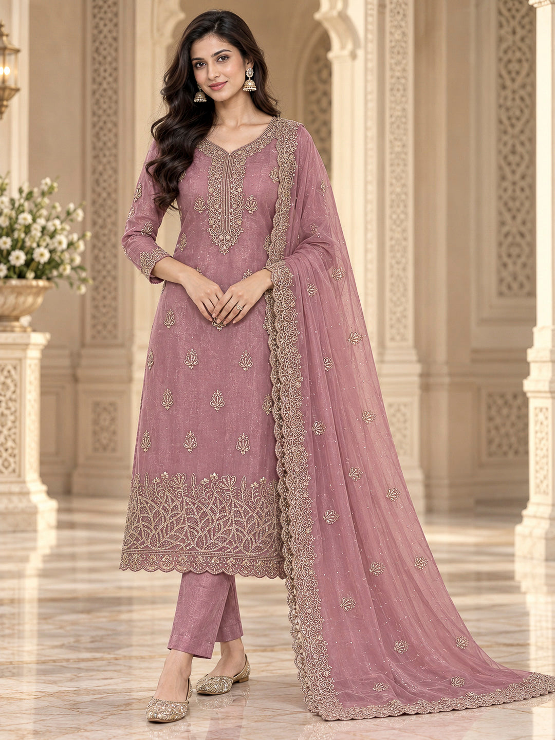 Onion Pink Organza Embroidered Unstitched Dress Material