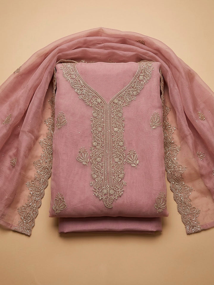 Onion Pink Organza Embroidered Unstitched Dress Material