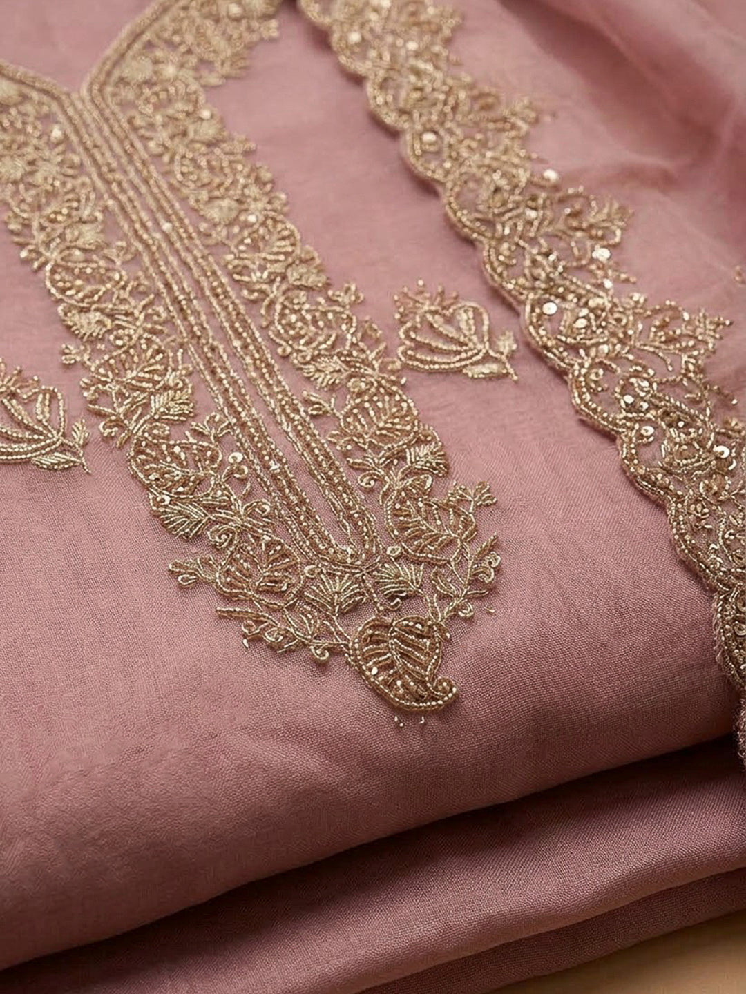 Onion Pink Organza Embroidered Unstitched Dress Material