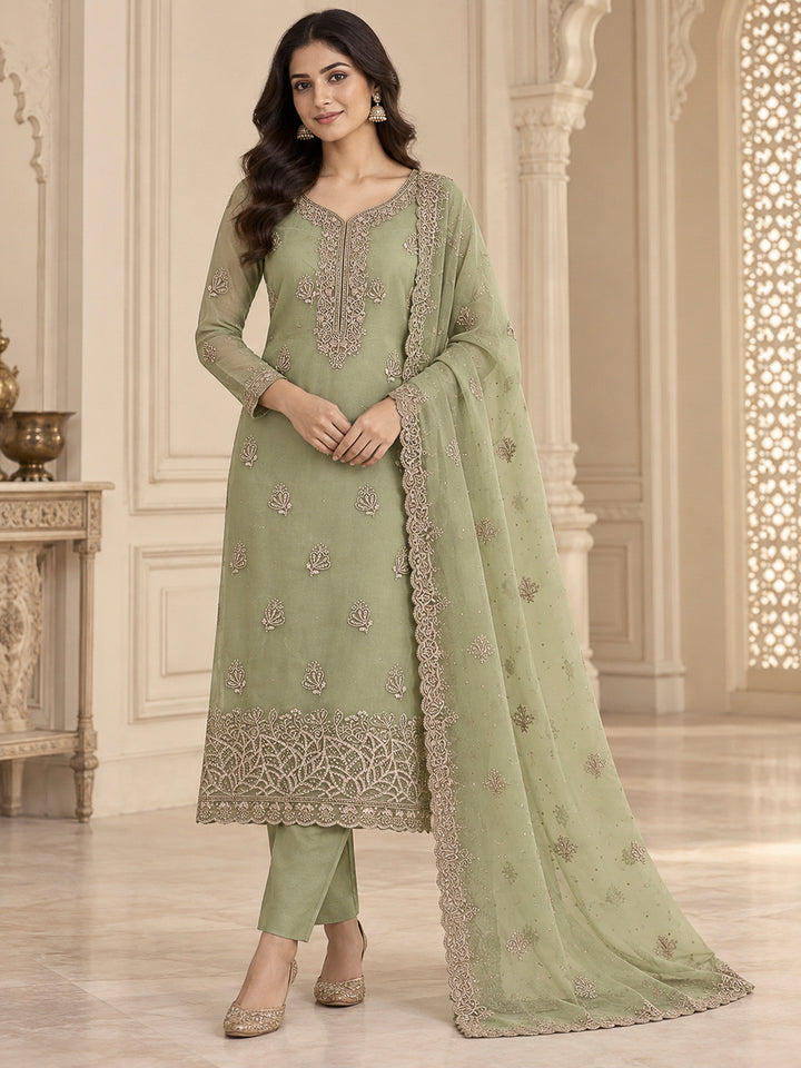 Pista Green Organza Embroidered Unstitched Dress Material