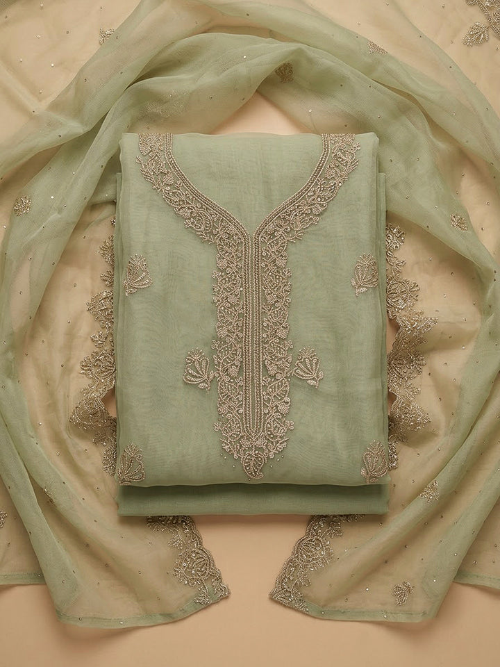 Pista Green Organza Embroidered Unstitched Dress Material
