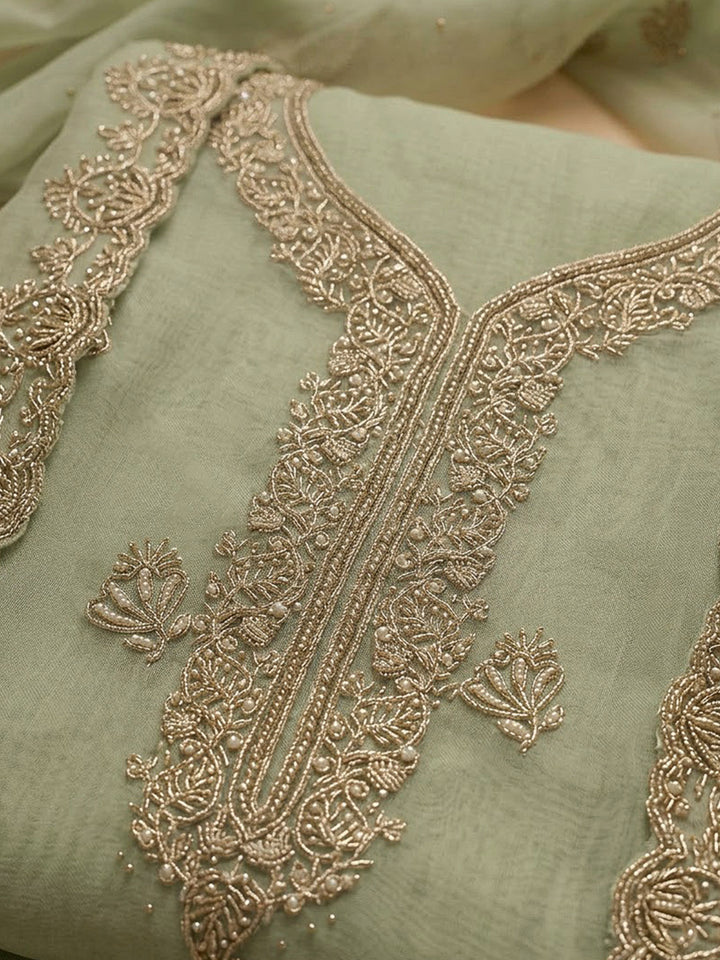 Pista Green Organza Embroidered Unstitched Dress Material