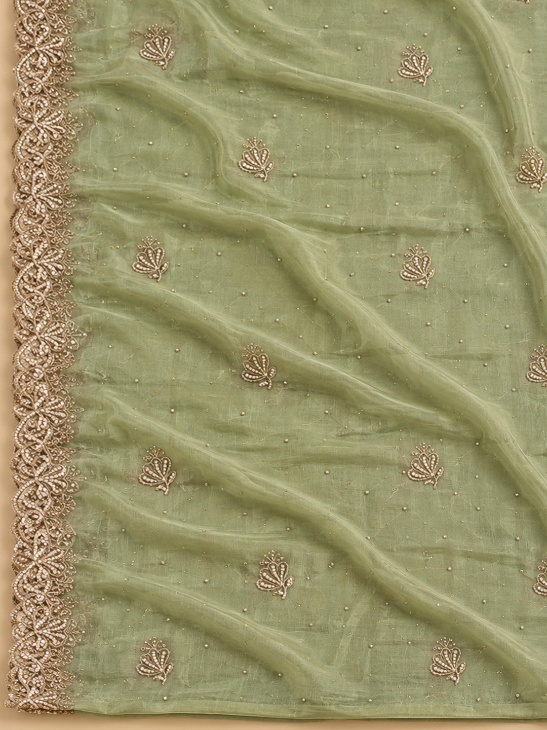 Pista Green Organza Embroidered Unstitched Dress Material