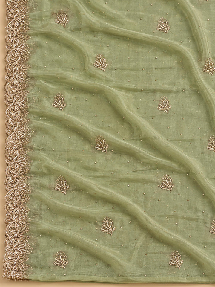 Pista Green Organza Embroidered Unstitched Dress Material