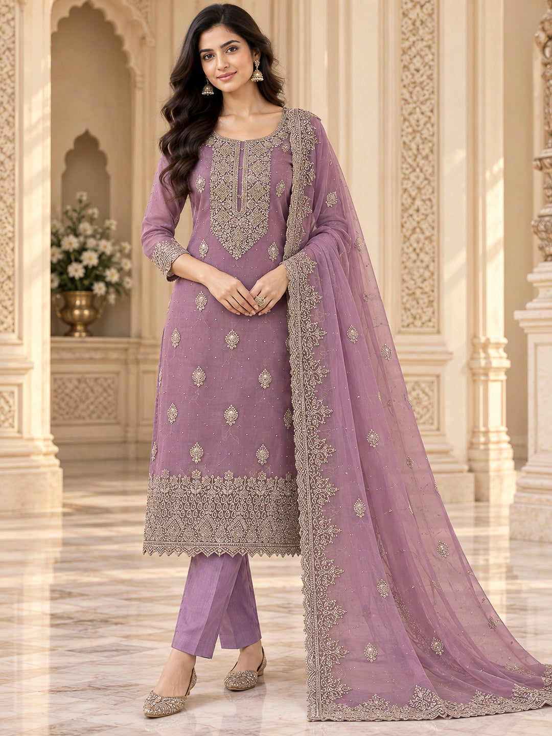 Lavender Chanderi Embroidered Unstitched Dress Material