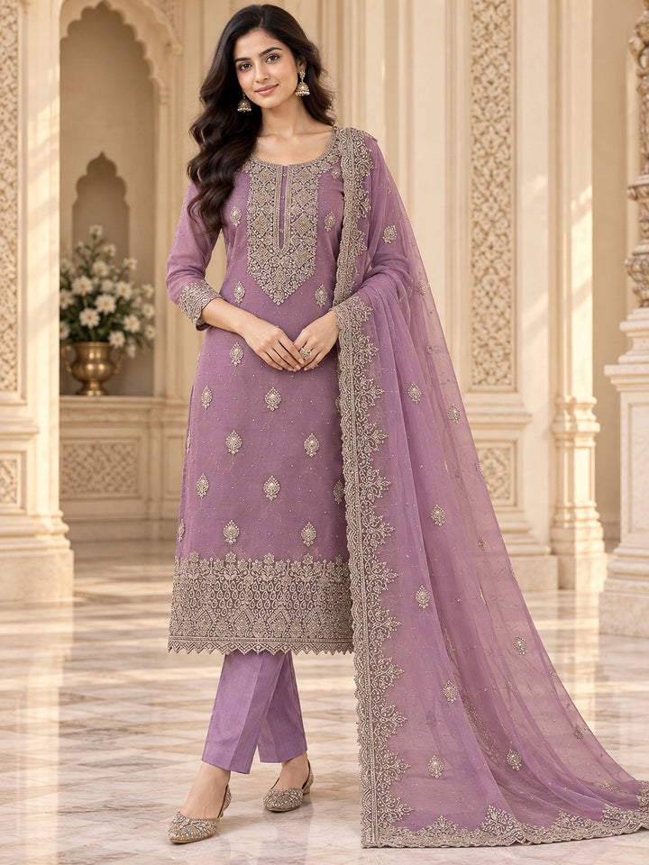 Lavender Chanderi Embroidered Unstitched Dress Material