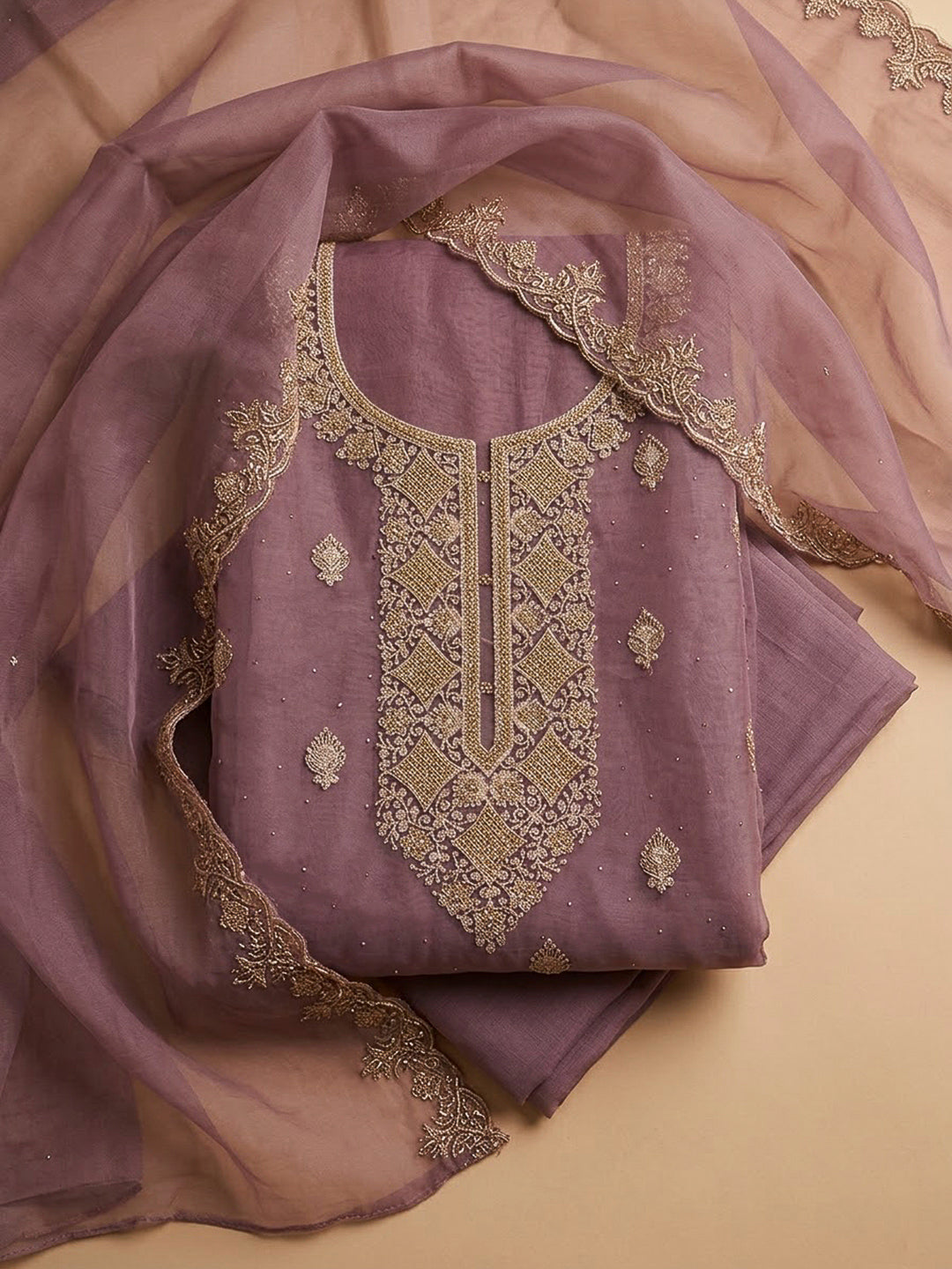 Lavender Chanderi Embroidered Unstitched Dress Material