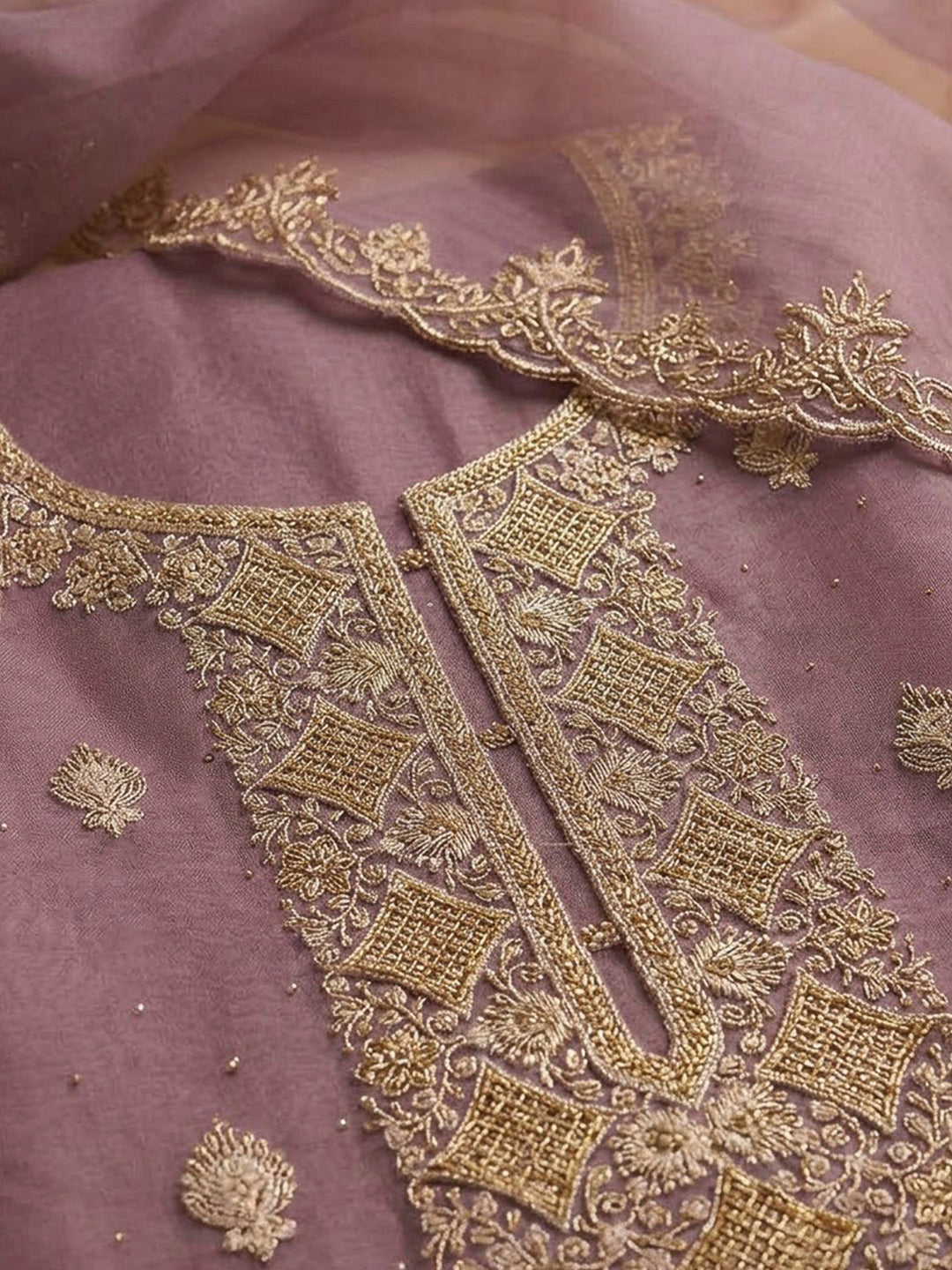 Lavender Chanderi Embroidered Unstitched Dress Material