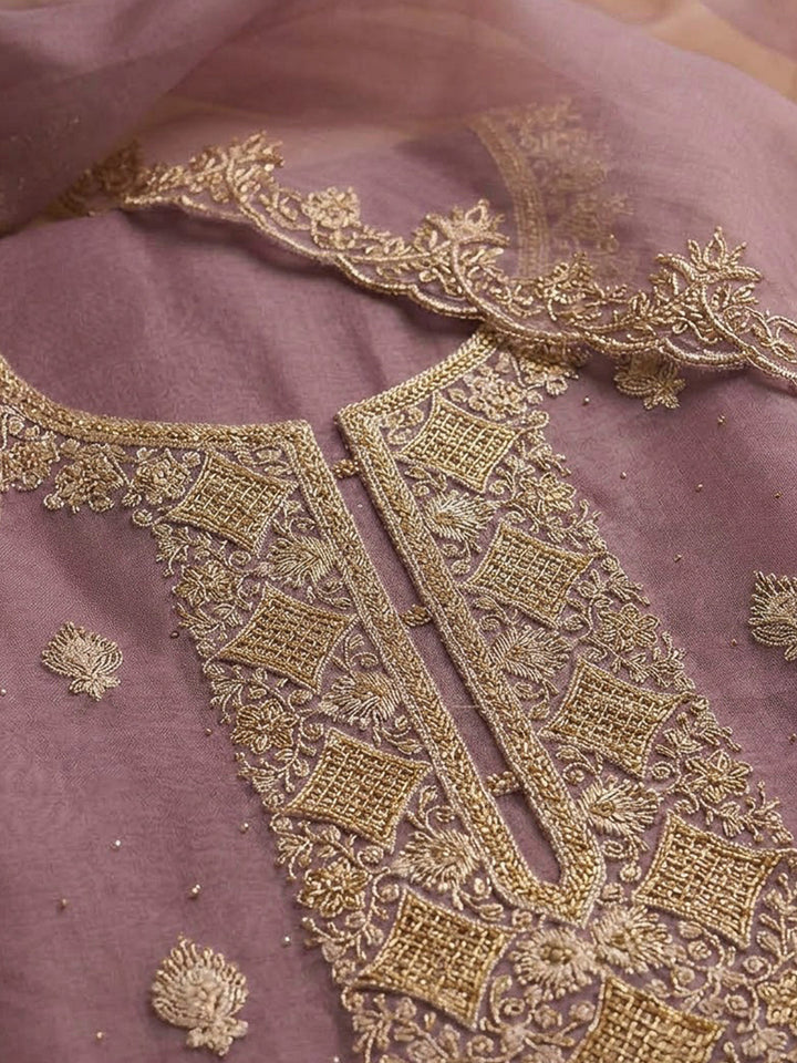 Lavender Chanderi Embroidered Unstitched Dress Material