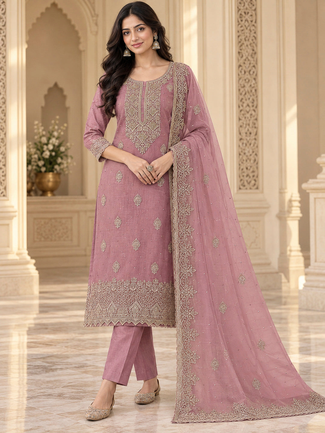 Onion Pink Chanderi Embroidered Unstitched Dress Material