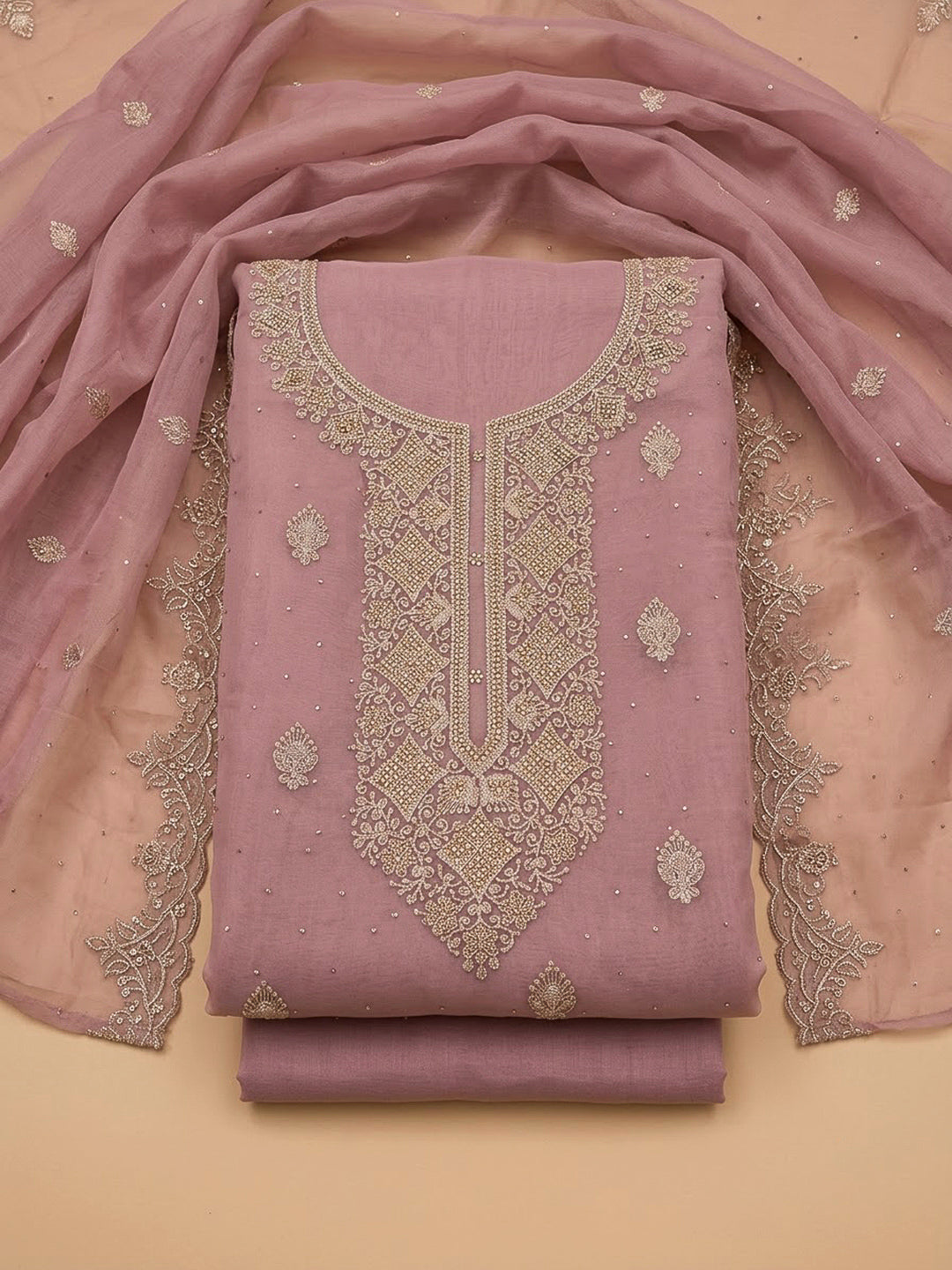 Onion Pink Chanderi Embroidered Unstitched Dress Material