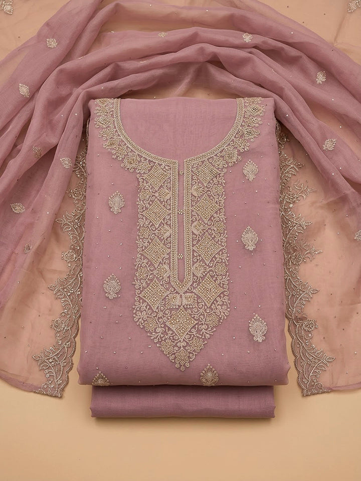 Onion Pink Chanderi Embroidered Unstitched Dress Material