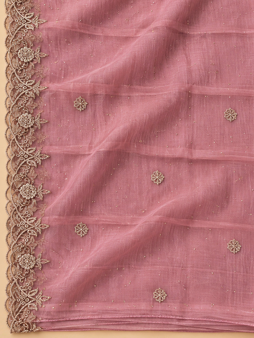 Onion Pink Chanderi Embroidered Unstitched Dress Material