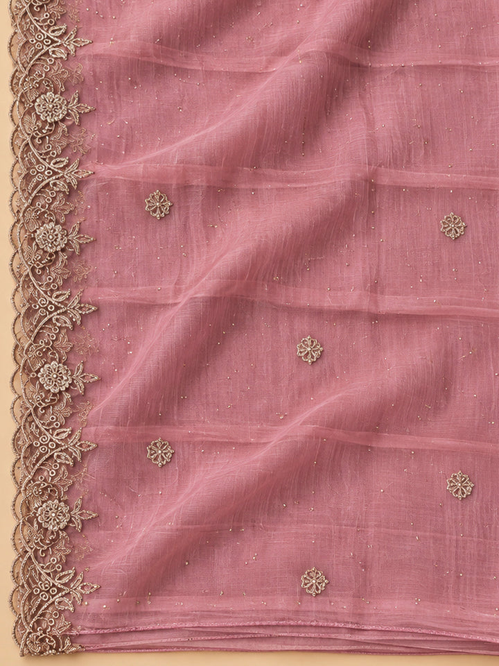 Onion Pink Chanderi Embroidered Unstitched Dress Material