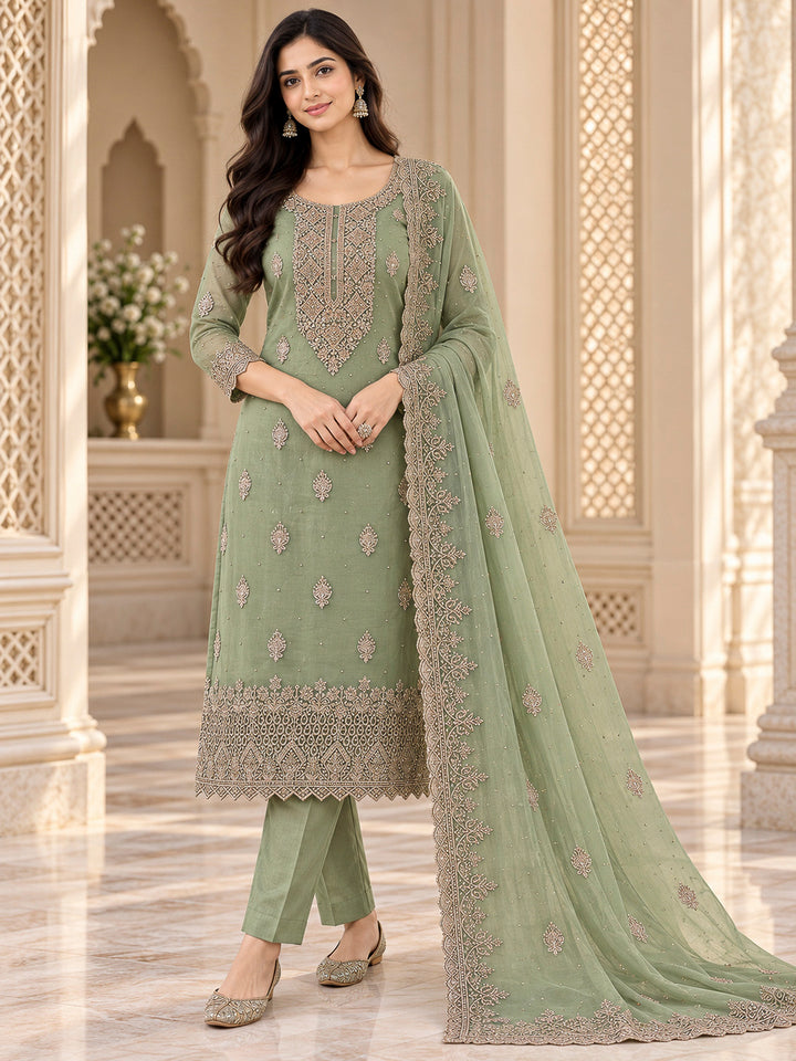 Pista Green Chanderi Embroidered Unstitched Dress Material