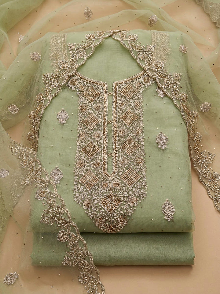Pista Green Chanderi Embroidered Unstitched Dress Material