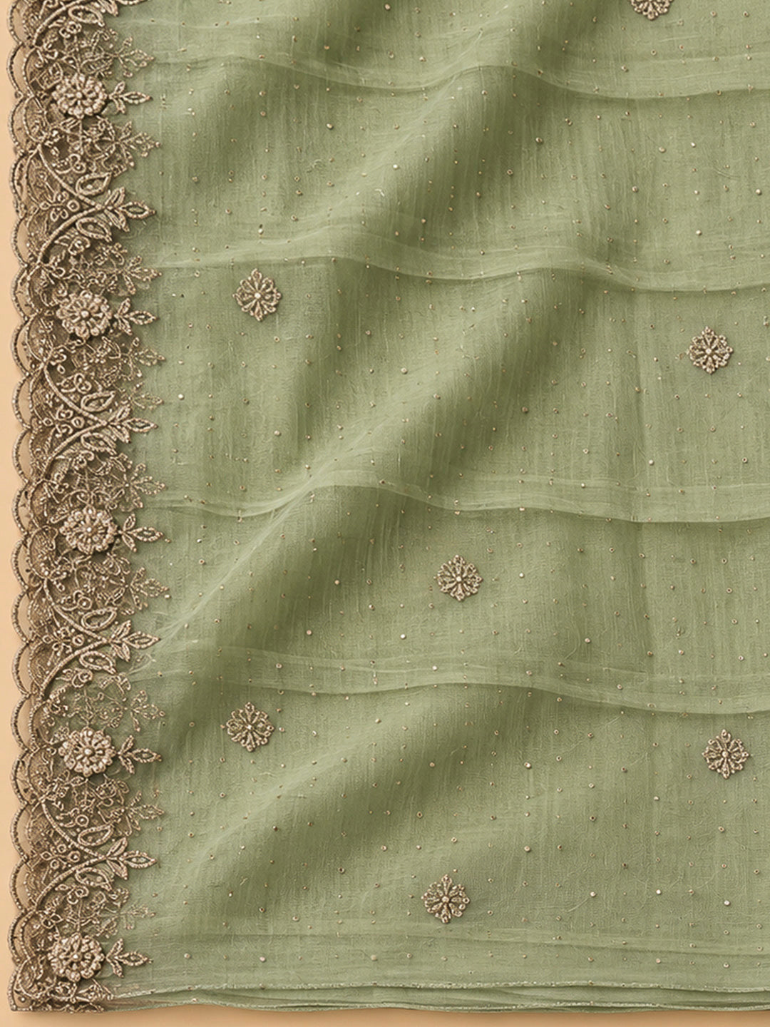 Pista Green Chanderi Embroidered Unstitched Dress Material