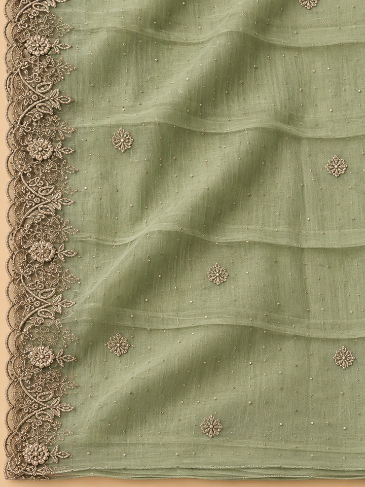 Pista Green Chanderi Embroidered Unstitched Dress Material