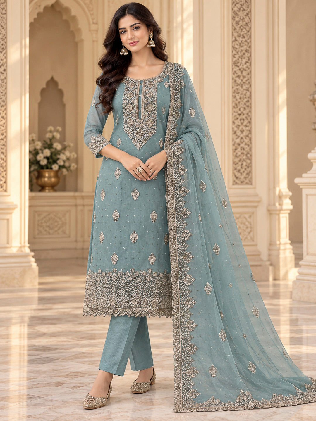 Sky Blue Chanderi Embroidered Unstitched Dress Material