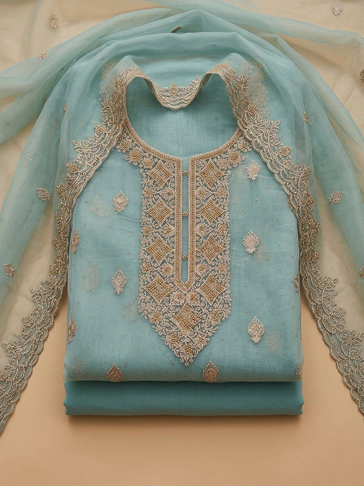Sky Blue Chanderi Embroidered Unstitched Dress Material