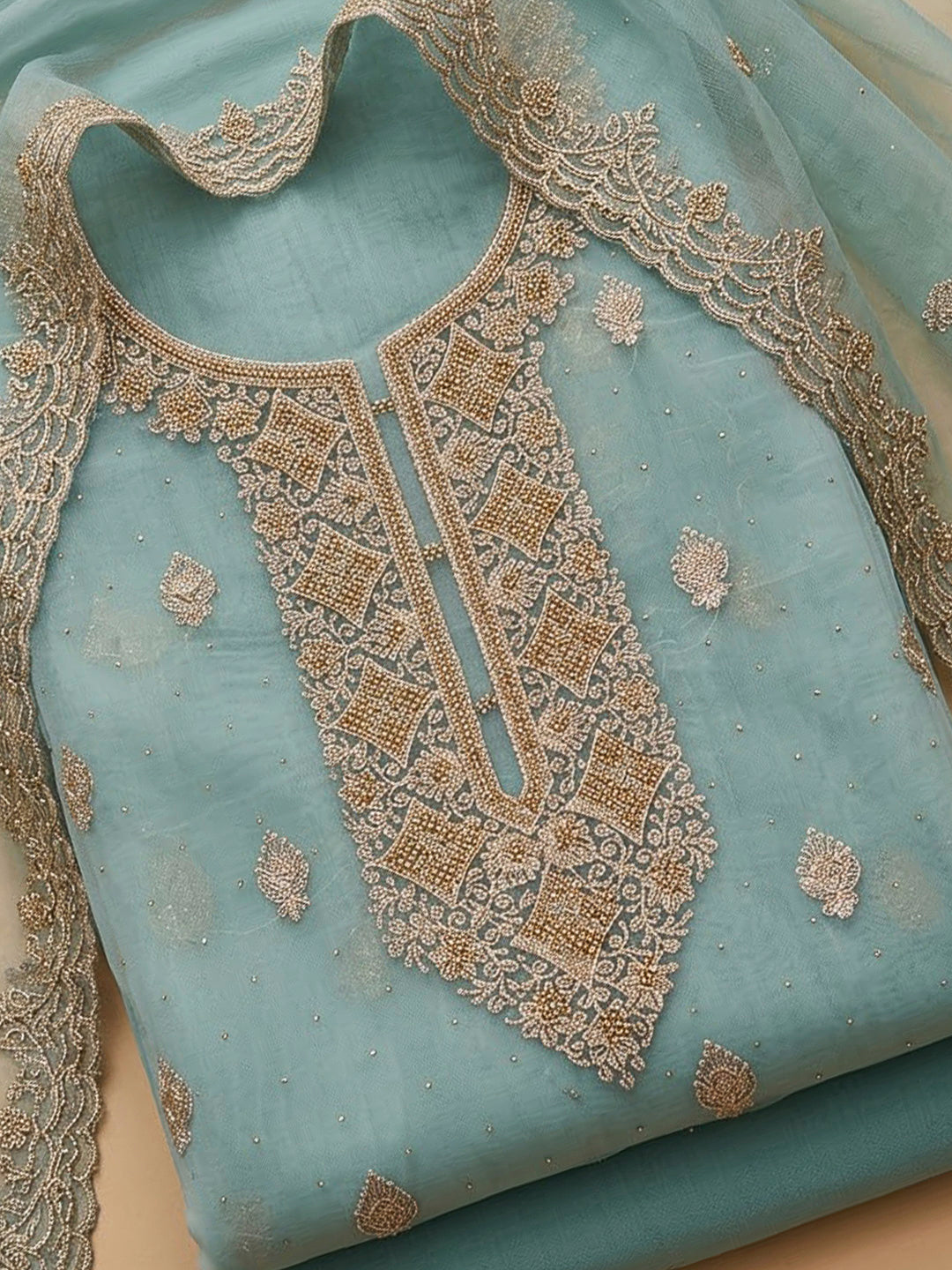 Sky Blue Chanderi Embroidered Unstitched Dress Material