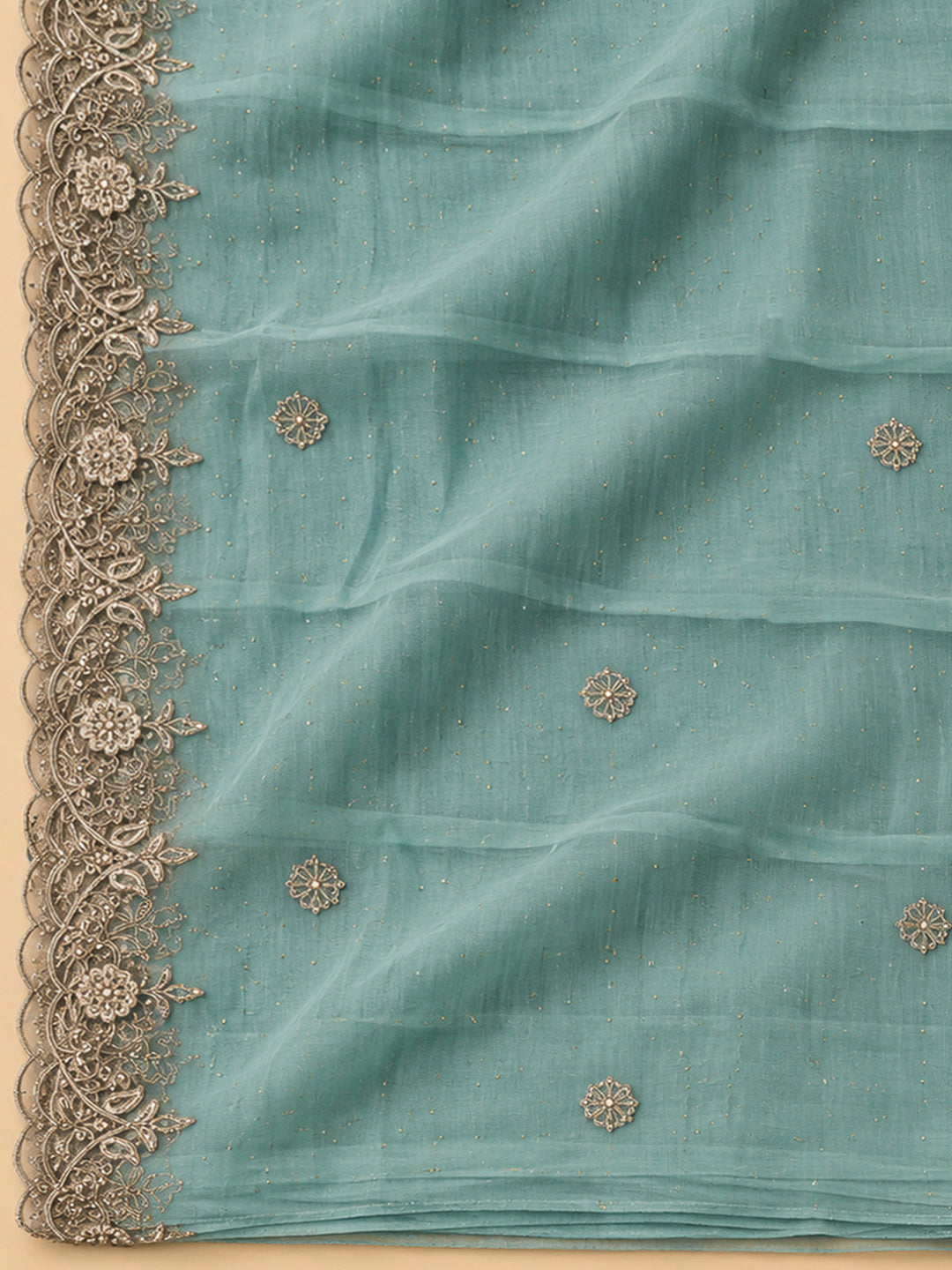 Sky Blue Chanderi Embroidered Unstitched Dress Material