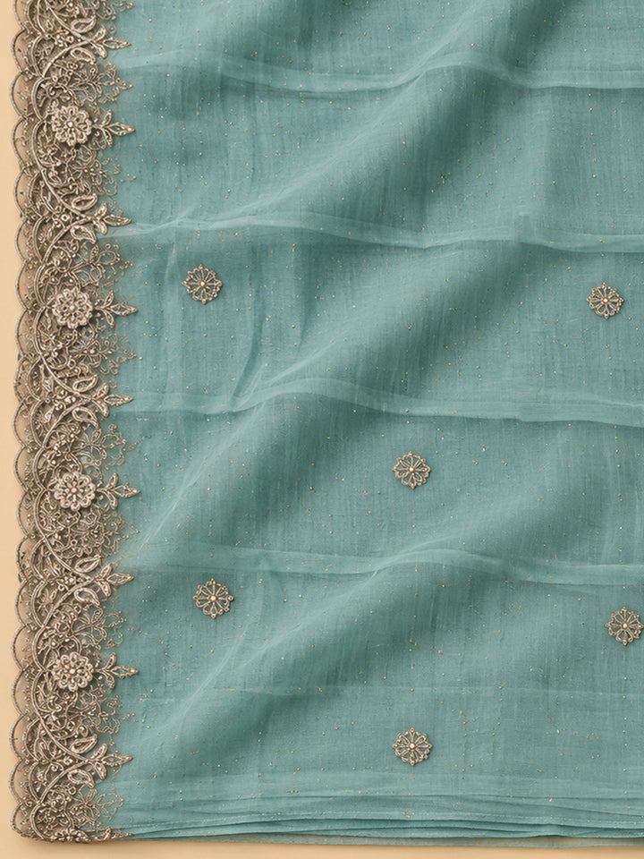 Sky Blue Chanderi Embroidered Unstitched Dress Material