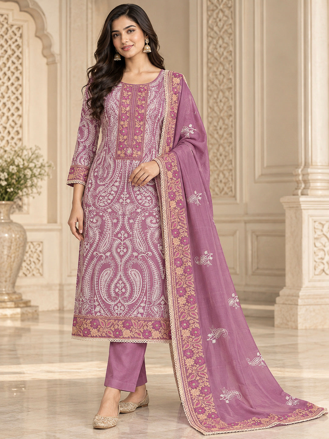 Onion Pink Chanderi Embroidered Unstitched Dress Material