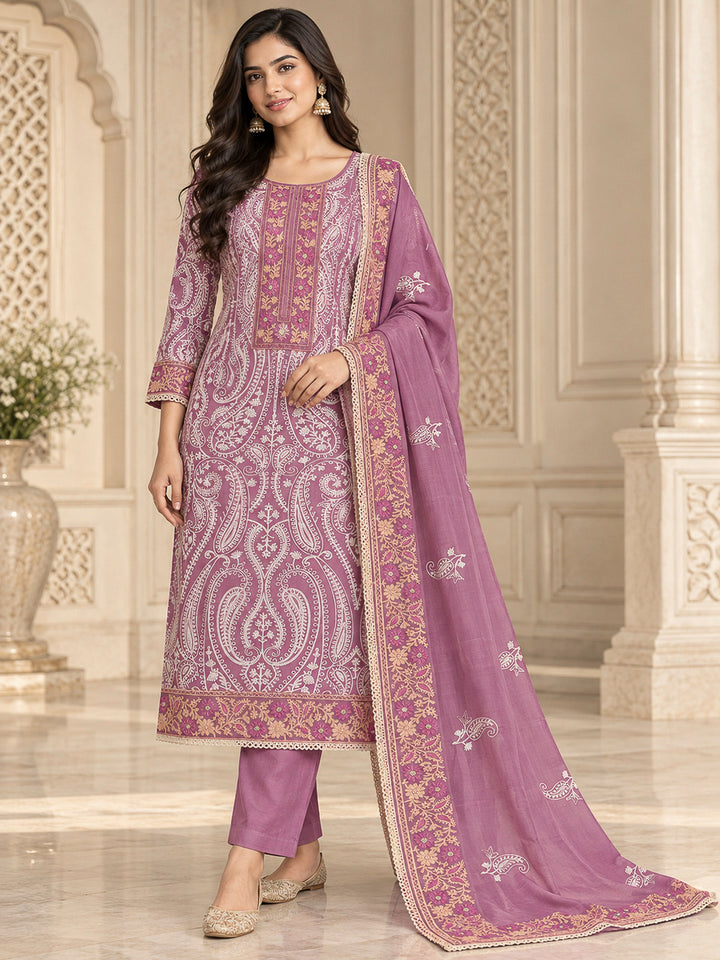 Onion Pink Chanderi Embroidered Unstitched Dress Material