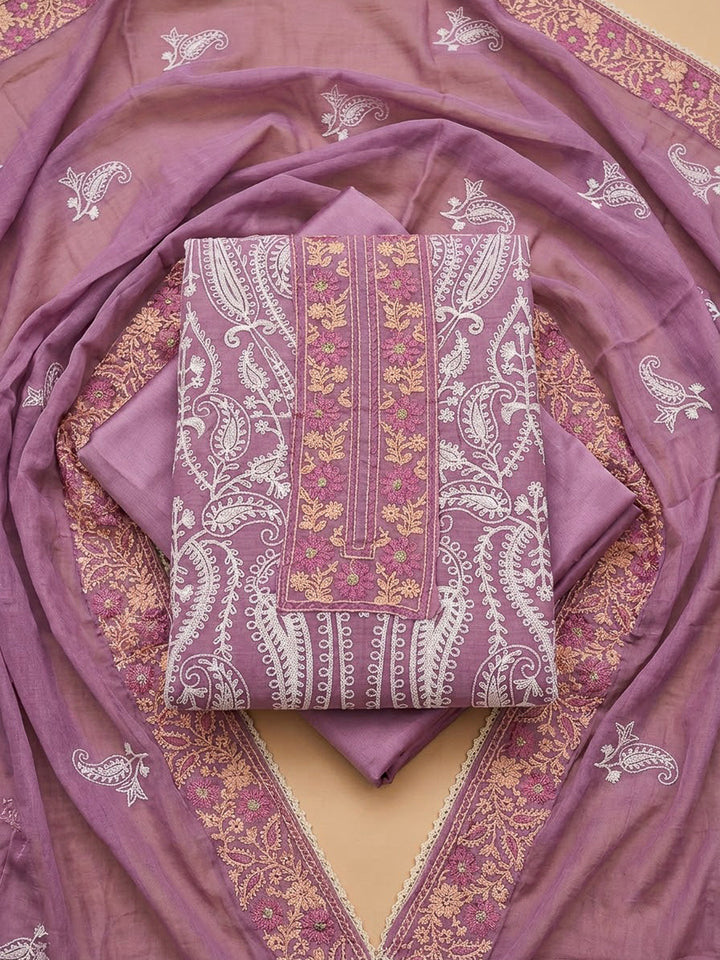 Onion Pink Chanderi Embroidered Unstitched Dress Material
