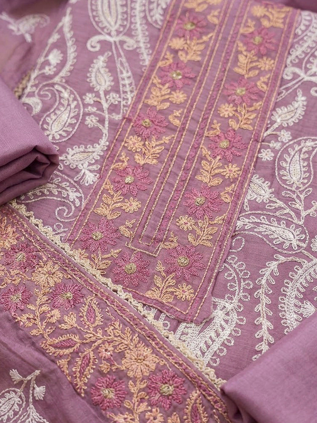 Onion Pink Chanderi Embroidered Unstitched Dress Material