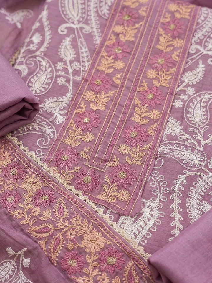 Onion Pink Chanderi Embroidered Unstitched Dress Material