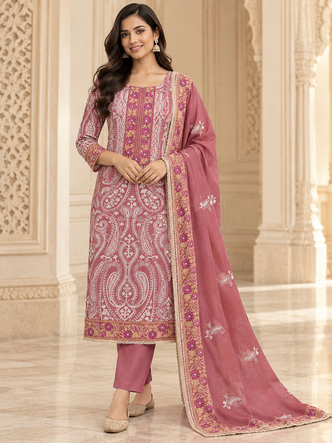 Peach Chanderi Embroidered Unstitched Dress Material