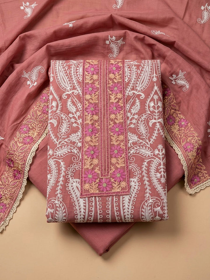 Peach Chanderi Embroidered Unstitched Dress Material