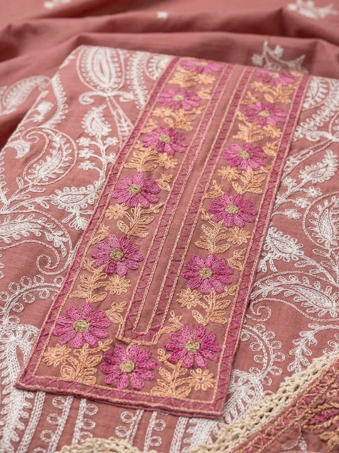 Peach Chanderi Embroidered Unstitched Dress Material
