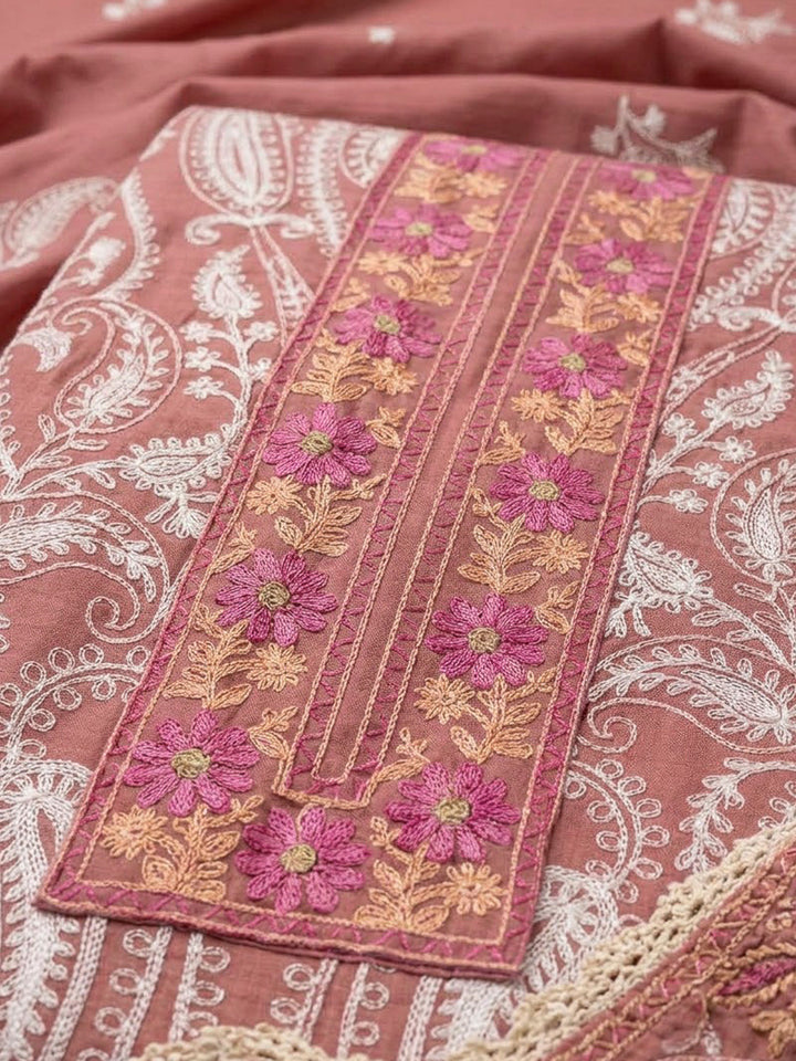 Peach Chanderi Embroidered Unstitched Dress Material