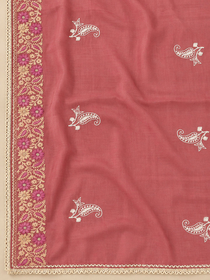 Peach Chanderi Embroidered Unstitched Dress Material