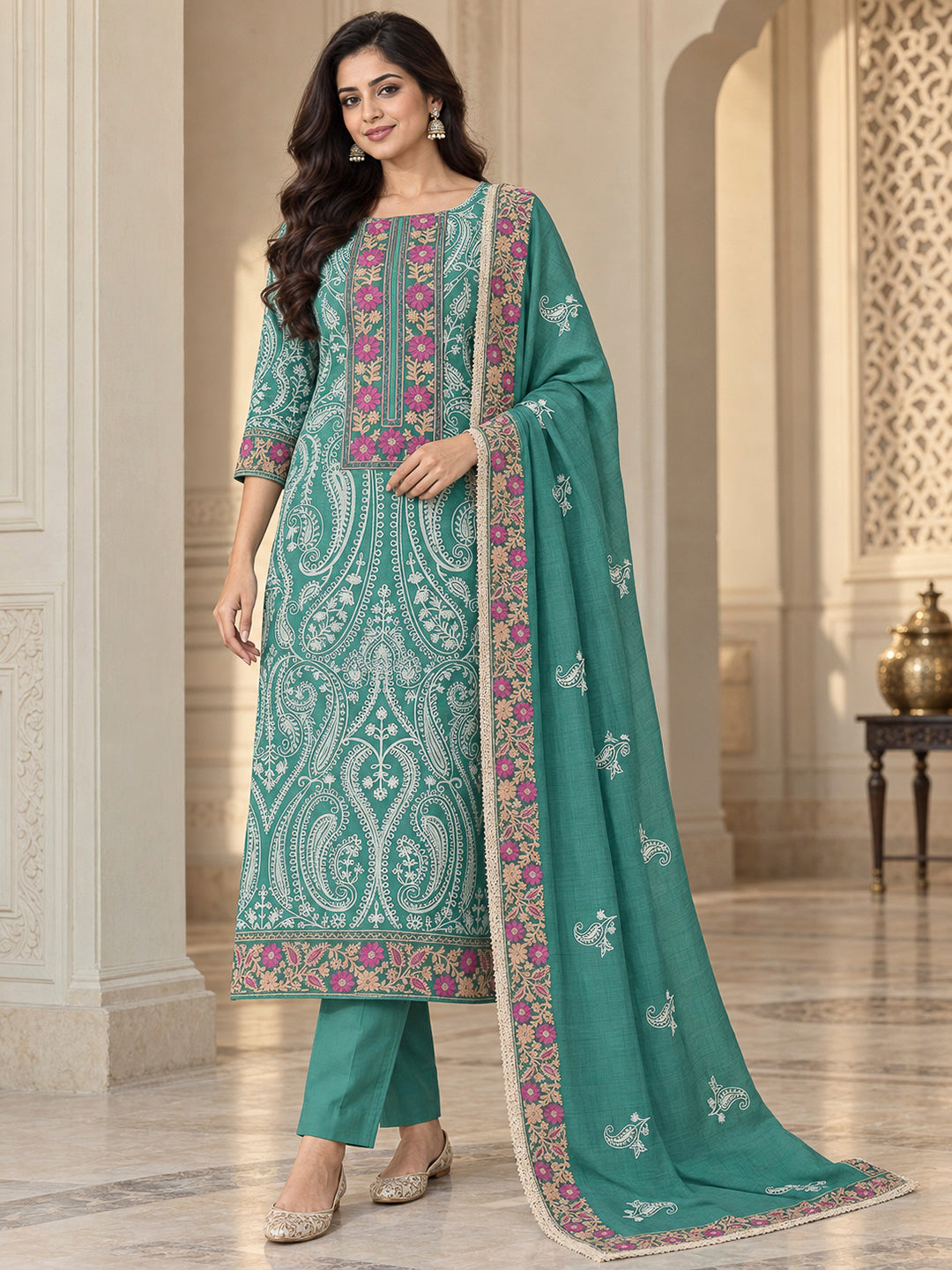 Rama Green Chanderi Embroidered Unstitched Dress Material
