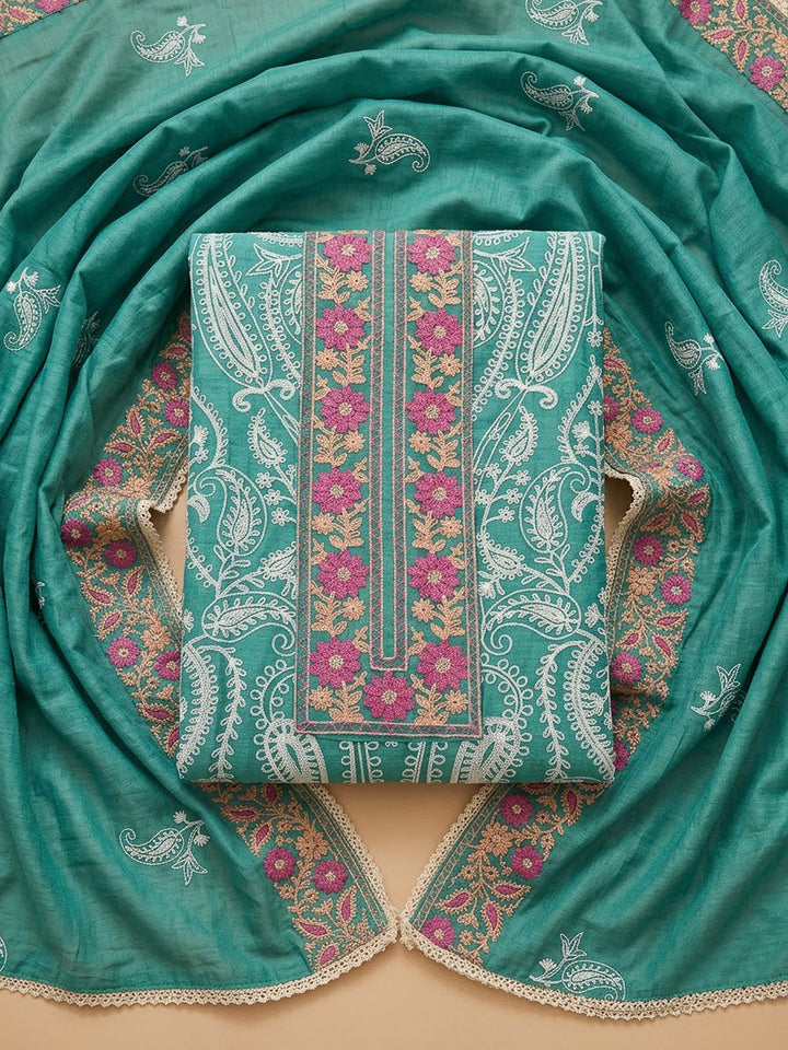 Rama Green Chanderi Embroidered Unstitched Dress Material