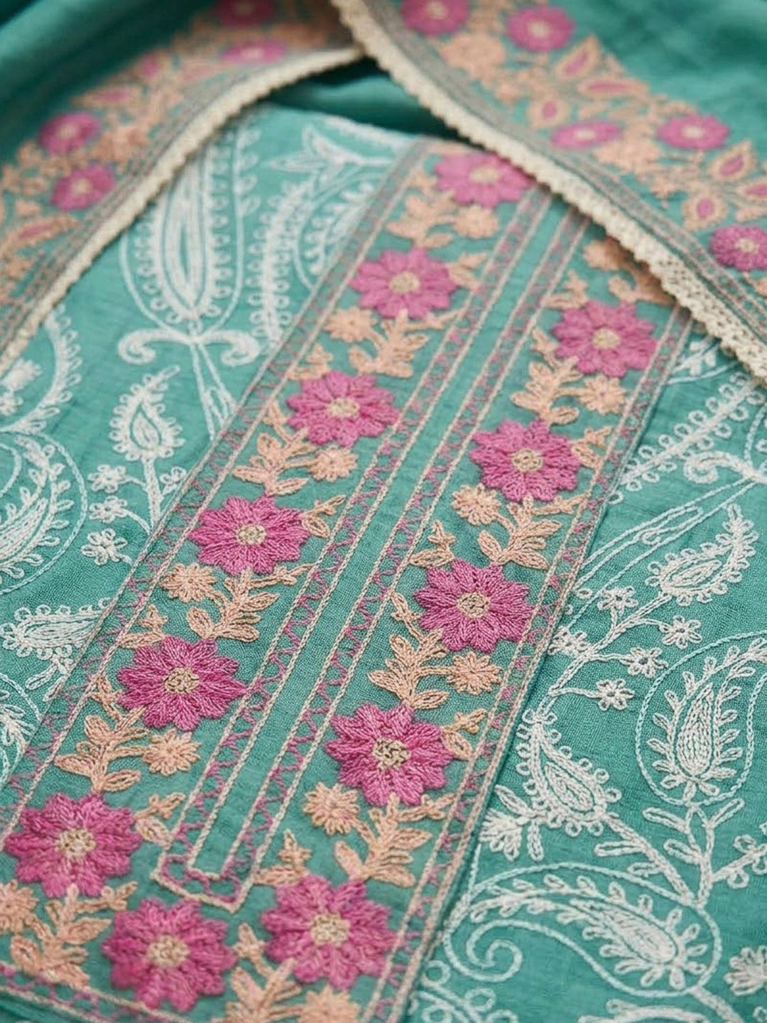 Rama Green Chanderi Embroidered Unstitched Dress Material